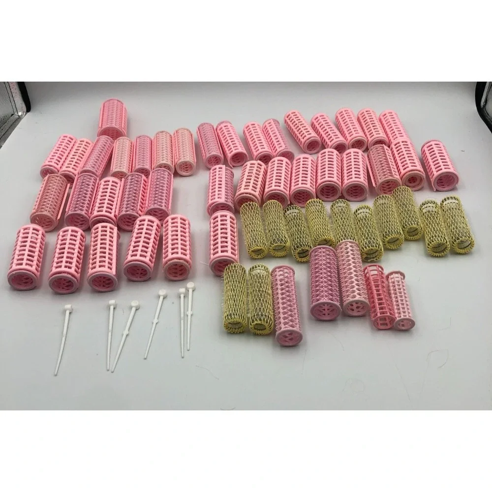 Vintage Mixed Lot Pink Plastic Snap-On Hair Curler Rollers Wire mesh 6 pins